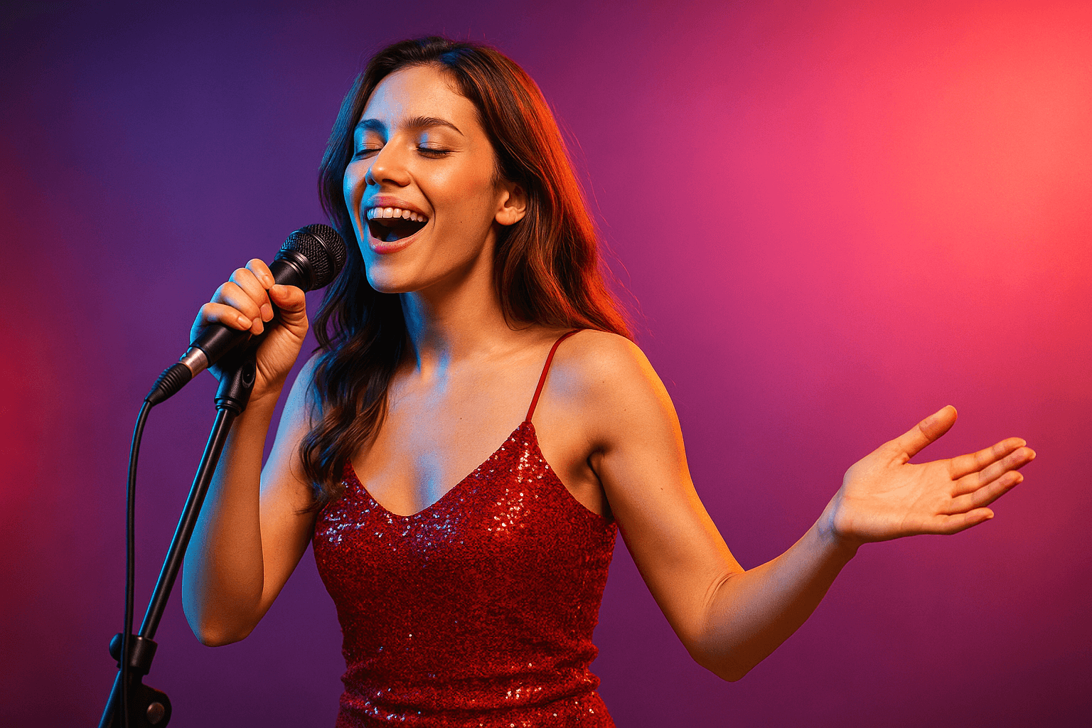 Colorful stage performance with artist in red dress